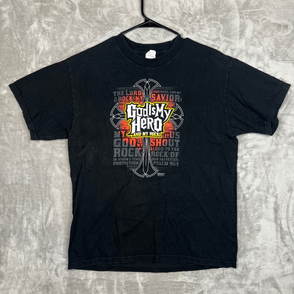 God Is‎ My Hero and My Rock Y2K Graphic Print Black T-Shirt Vintage Tee L